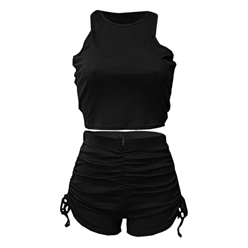 Workout Outfits for Women 2 Piece Ribbed One Shoulder High Waist Shorts with Sports Bra Exercise Set#aal221227- *1192-mens Shorts